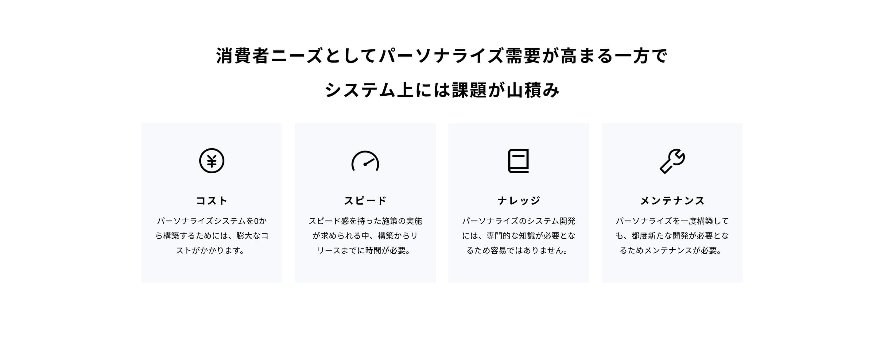 消費者ニーズとして パーソナライズ需要が高まる一方で システム上には課題が山積み
コスト パーソナライズシステムを0から構築するためには、膨大なコストがかかります。スピード スピード感を持った施策の実施が求められる中、構築からリリースまでに時間が必要。ナレッジ
パーソナライズのシステム開発には、専門的な知識が必要となるため容易ではありません。メンテナンスパーソナライズを一度構築しても、都度新たな開発が必要となるためメンテナンスが必要。