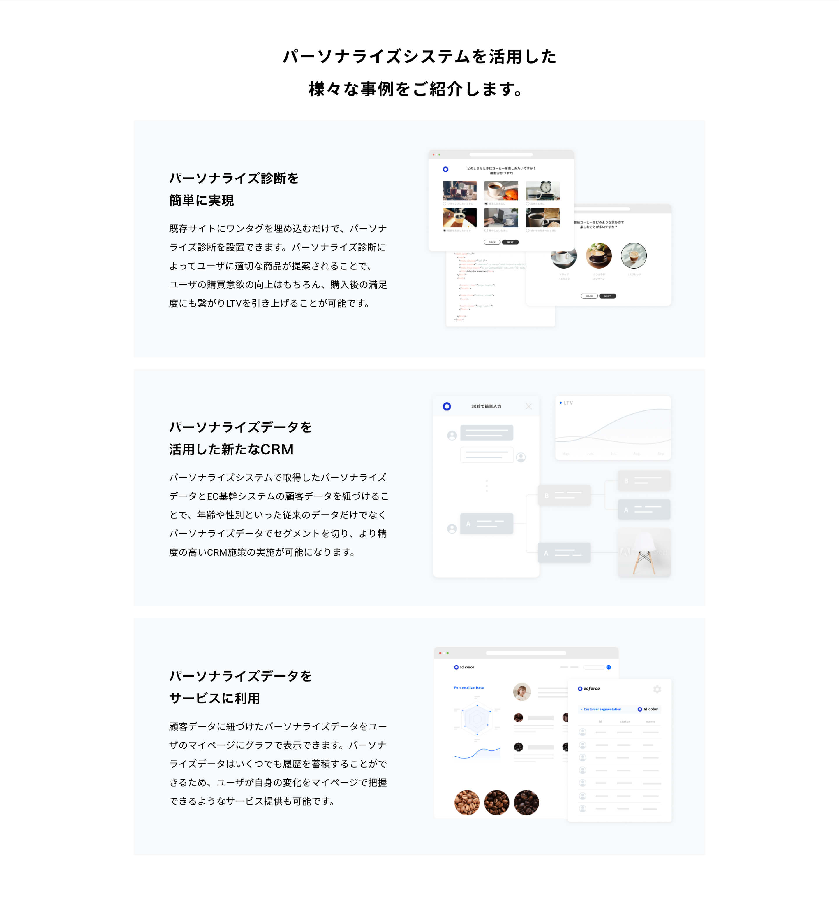 パーソナライズシステムを活用した 様々な事例をご紹介します。パーソナライズ診断を簡単に実現既存サイトにワンタグを埋め込むだけで、パーソナライズ診断を設置できます。パーソナライズ診断によってユーザに適切な商品が提案されることで、ユーザの購買意欲の向上はもちろん、購入後の満足度にも繋がりLTVを引き上げることが可能です。
パーソナライズデータを活用した新たなCRM既存サイトにワンタグを埋め込むだけで、パーソナライズ診断を設置できます。パーソナライズ診断によってユーザに適切な商品が提案されることで、ユーザの購買意欲の向上はもちろん、購入後の満足度にも繋がりLTVを引き上げることが可能です。
パーソナライズデータを活用した新たなCRMパーソナライズシステムで取得したパーソナライズデータとEC基幹システムの顧客データを紐づけることで、年齢や性別といった従来のデータだけでなくパーソナライズデータでセグメントを切り、より精度の高いCRM施策の実施が可能になります。
パーソナライズデータをサービスに利用顧客データに紐づけたパーソナライズデータをユーザのマイページにグラフで表示できます。パーソナライズデータはいくつでも履歴を蓄積することができるため、ユーザが自身の変化をマイページで把握できるようなサービス提供も可能です。