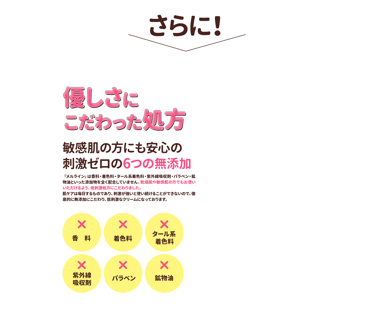 さらに優しさにこだわった処方 敏感肌の方にも安心の刺激ゼロの6つの無添加