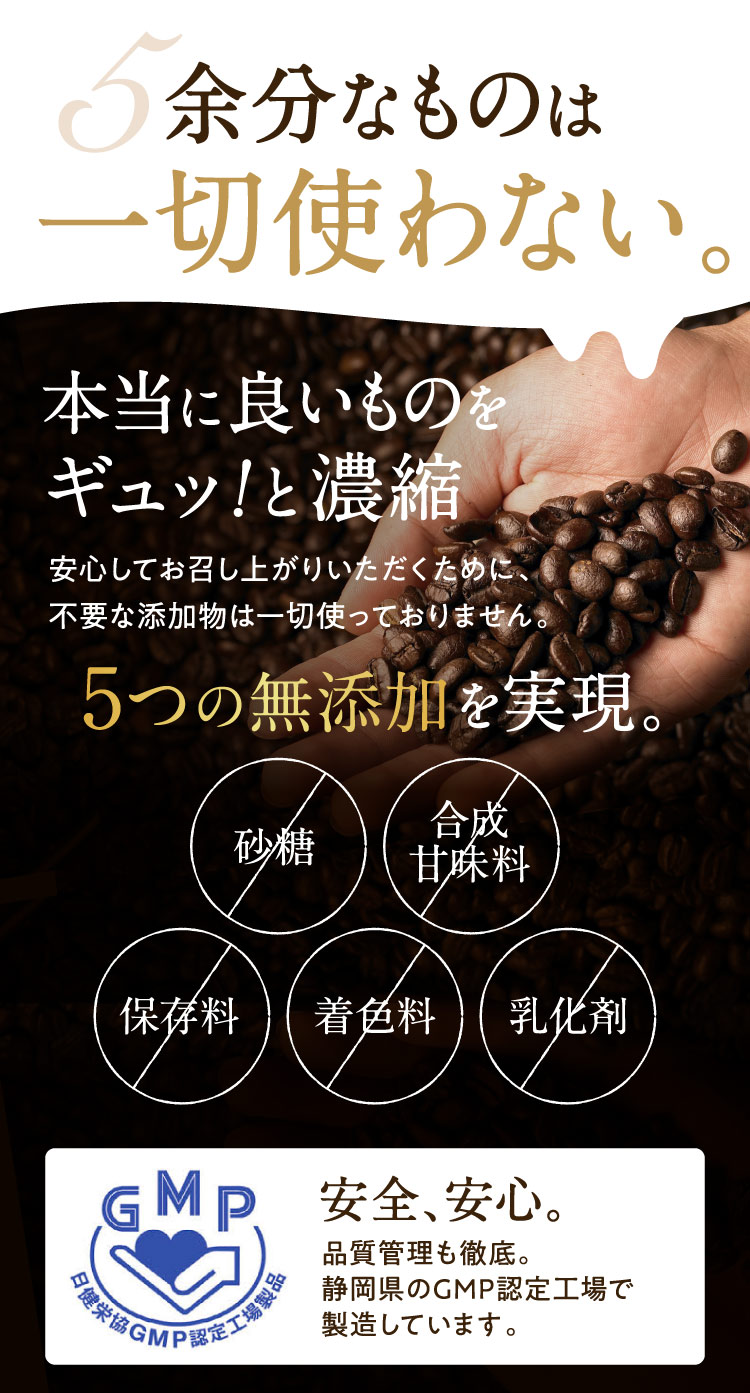 5.余分なものは一切使わない。/本当に良いものをギュッ!と濃縮。安心してお召し上がりいただくために、不要な添加物は一切使っておりません。/5つの無添加を実現。×砂糖 ×合成甘味料 ×保存料 ×着色料 ×乳化剤/GMP日健栄協GMP認定工場製品 安全、安心。品質管理も徹底。静岡県のGMP認定工場で製造しています。