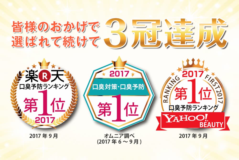楽天ランキング口臭予防ランキング1位、2017年口臭対策・口臭予防第1位、yahoo beauty口臭予防ランキング第1位獲得!