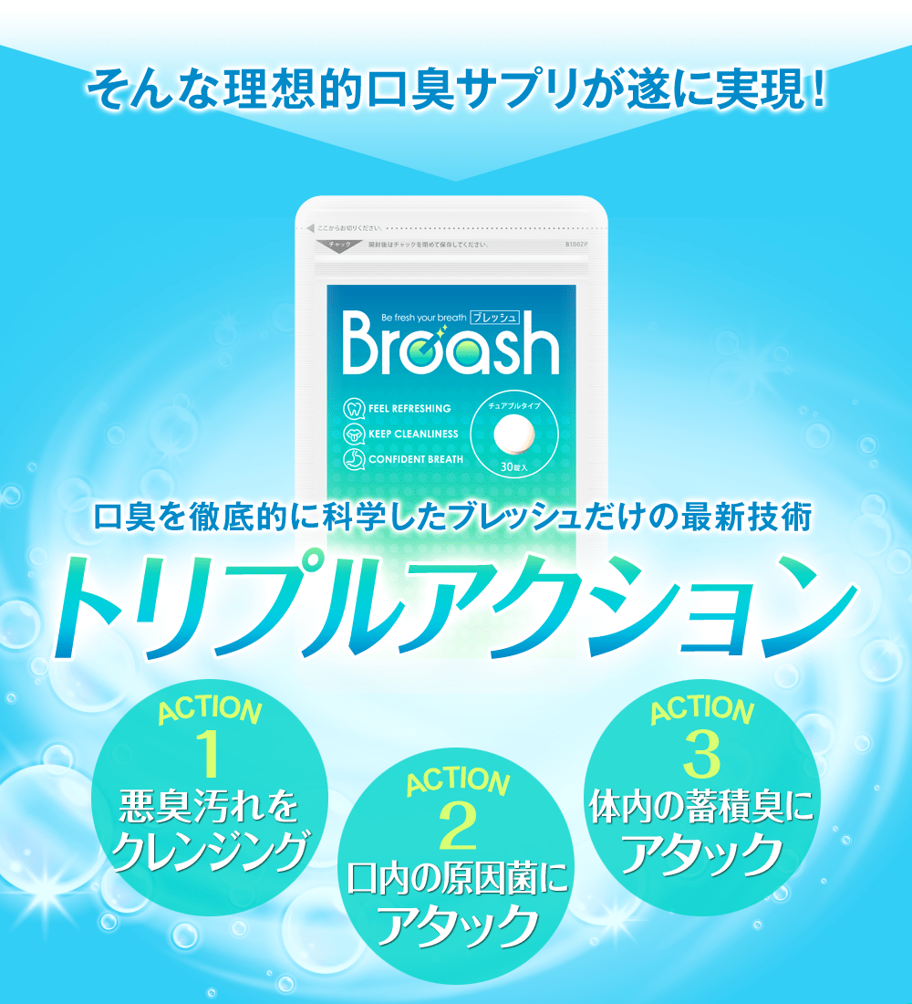 そんな理想的な口臭サプリが遂に実現しました!その名も『ブレッシュ!』口臭を徹底的に科学したブレッシュだけの最新技術トリプルアクションに注文!悪臭汚れをクレンジング・口内の原因菌にアタック・体内の蓄積臭にアタック!