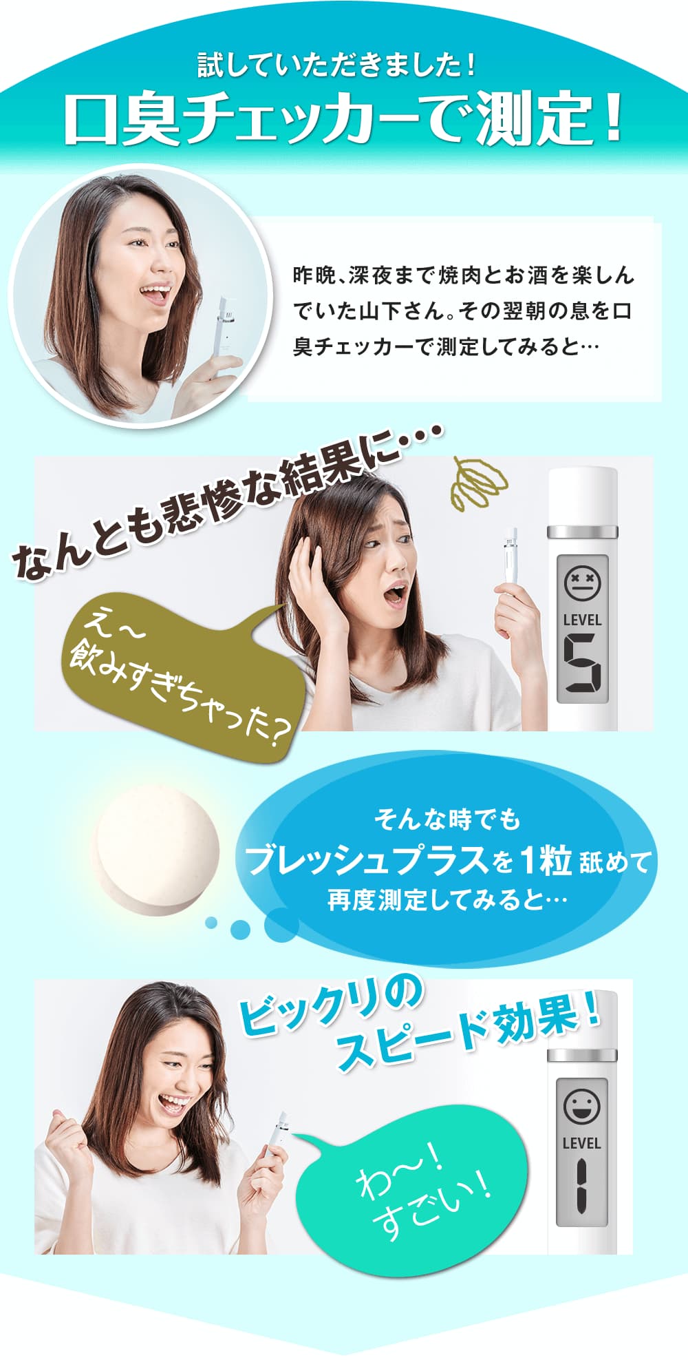 口臭サプリ『ブレッシュ』の効果を口臭チェッカーで測定!前日、暴飲暴食!口臭チェッカーで測定すると口臭レベルが5!そんな時でもブレッシュを1粒舐めると口臭レベルが0になりました!