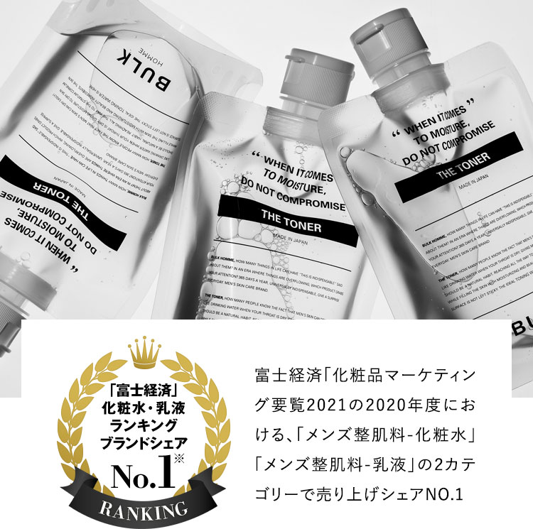 富士経済「化粧品マーケティング要覧2021の2020年度における、「メンズ整肌料-化粧水」「メンズ整肌料-乳液」の2カテゴリーで売り上げシェアNO.1