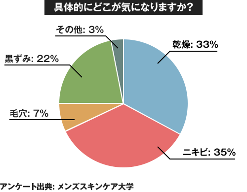 具体的にどこが気になりますか? 乾燥33%/ニキビ35%/毛穴7%/黒ずみ22%/その他3% アンケート出典: メンズスキンケア大学