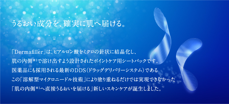 うるおい成分を、確実に肌に届ける。「ダーマフィラー」は、ヒアルロン酸をミクロの針状に結晶化し、肌の内側で溶け出すよう設計されたポイントケア用シートパックです。医療用にも採用される最新のドラッグデリバリーシステムであるこの「溶解型マイクロニードル技術」により塗り重ねるだけでは実現できなかった「肌の内側へ直接うるおいを届ける」新しいスキンケアが誕生しました。