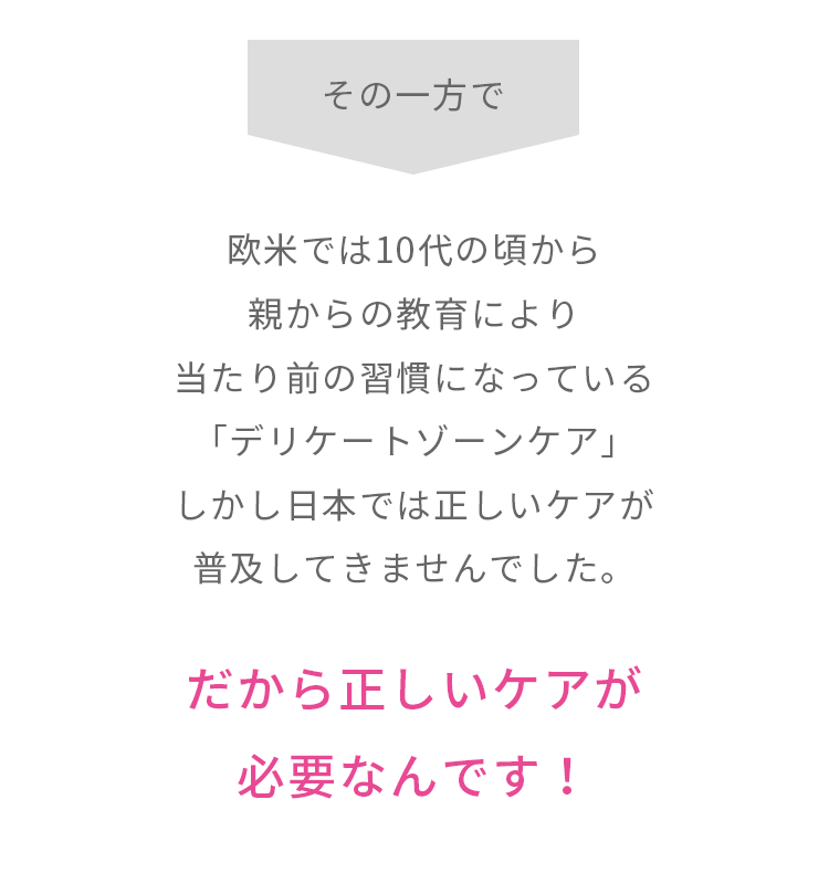 その一方で欧米では10代の頃から親からの教育により当たり前の習慣になっている「デリケートゾーンケア」しかし日本では正しいケアが普及してきませんでした。…