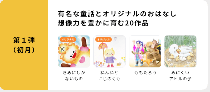 第1弾(初月)有名な童話とオリジナルのおはなし想像力を豊かに育む20作品きみにしかないものねんねとにじのくもももたろうみにくいアヒルの子