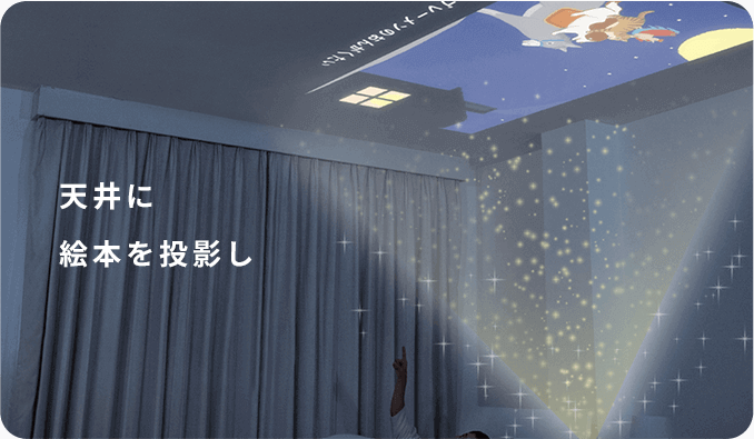 天井に絵本を投影し