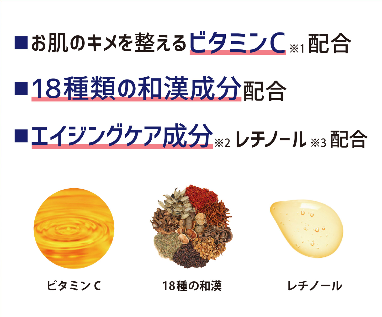 ■お肌のキメを整えるビタミンC※1配合 ■18種類の和漢成分配合 ■エイジングケア成分※2 レチノール※3配合