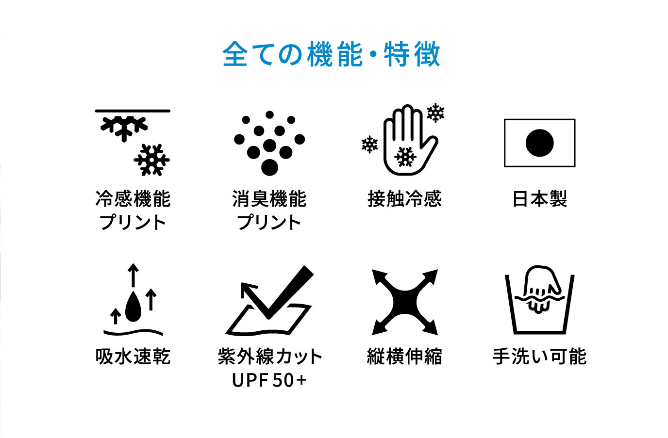 全ての機能・特徴 冷感機能プリント・消臭機能プリント・接触冷感・日本製・吸水速乾・紫外線カットUPF50+・縦横伸縮・手洗い可能