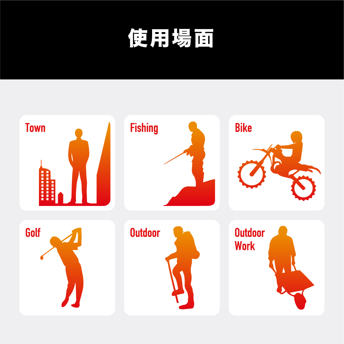 使用場面:Town / Fishing / Bike / Golf / Outdoor / Outdoor Work