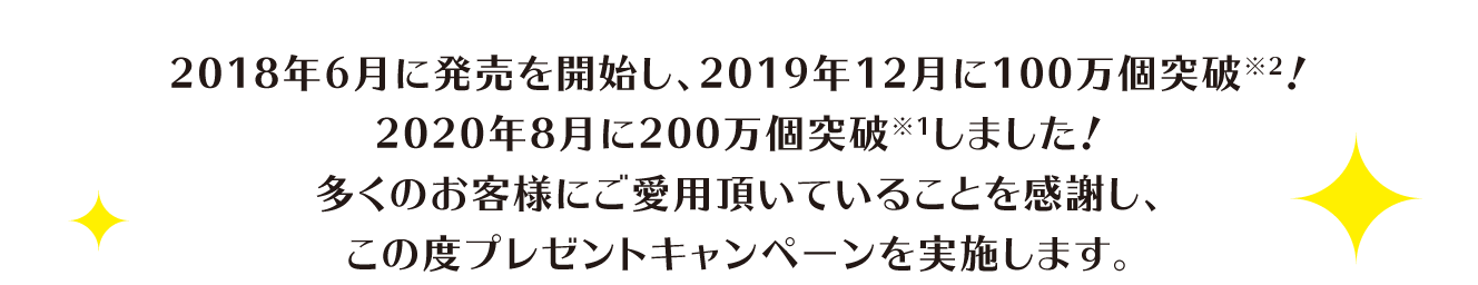 2018年6月に発売を開始し、2019年12月に100万個突破※2!2020年8月に200万個突破※1しました!多くのお客様にご愛用頂いていることを感謝し、この度プレゼントキャンペーンを実施します。