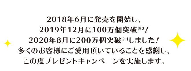 2018年6月に発売を開始し、2019年12月に100万個突破※2!2020年8月に200万個突破※1しました!多くのお客様にご愛用頂いていることを感謝し、この度プレゼントキャンペーンを実施します。