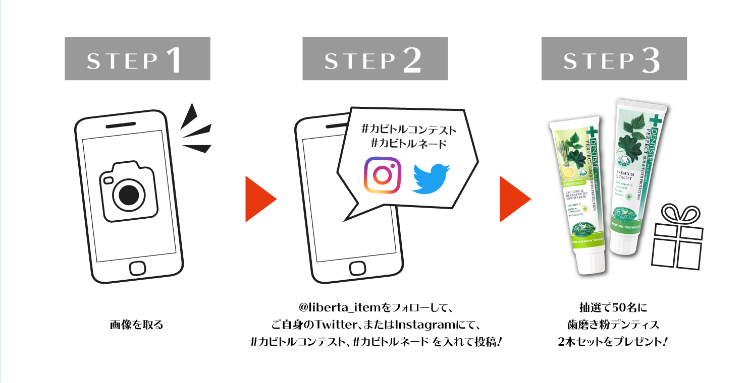 STEP1 画像を取る STEP2 @liberta_itemをフォローして、ご自身のTwitter、またはInstagramにて、#カビトルコンテスト、#カビトルネード を入れて投稿! STEP3 抽選で50名に歯磨き粉デンティス2本セットをプレゼント!