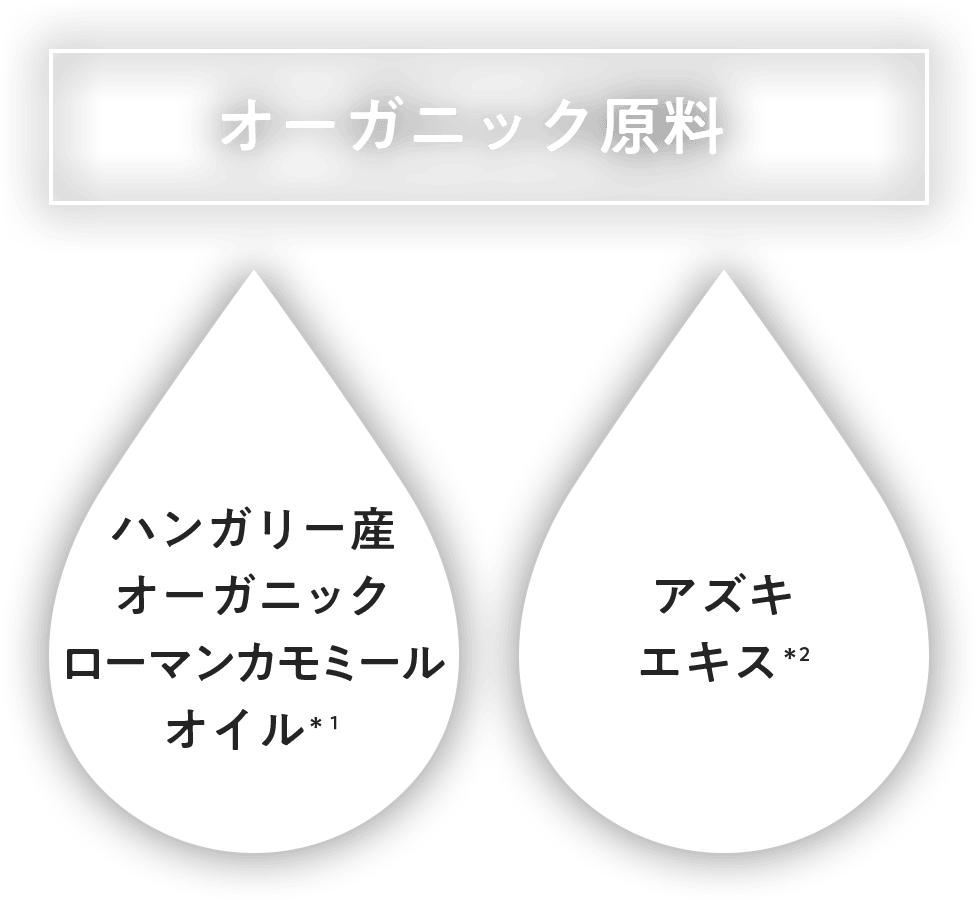 オーガニック原料 ハンガリー産オーガニックローマンカモミールオイル*1 アズキエキス*2