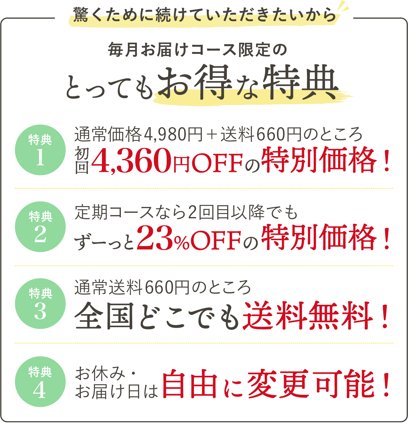 驚くために続けていただきたいから毎月お届けコース限定のとってもお得な特典