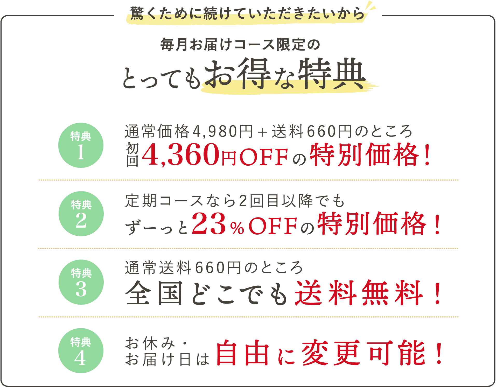 驚くために続けていただきたいから毎月お届けコース限定のとってもお得な特典