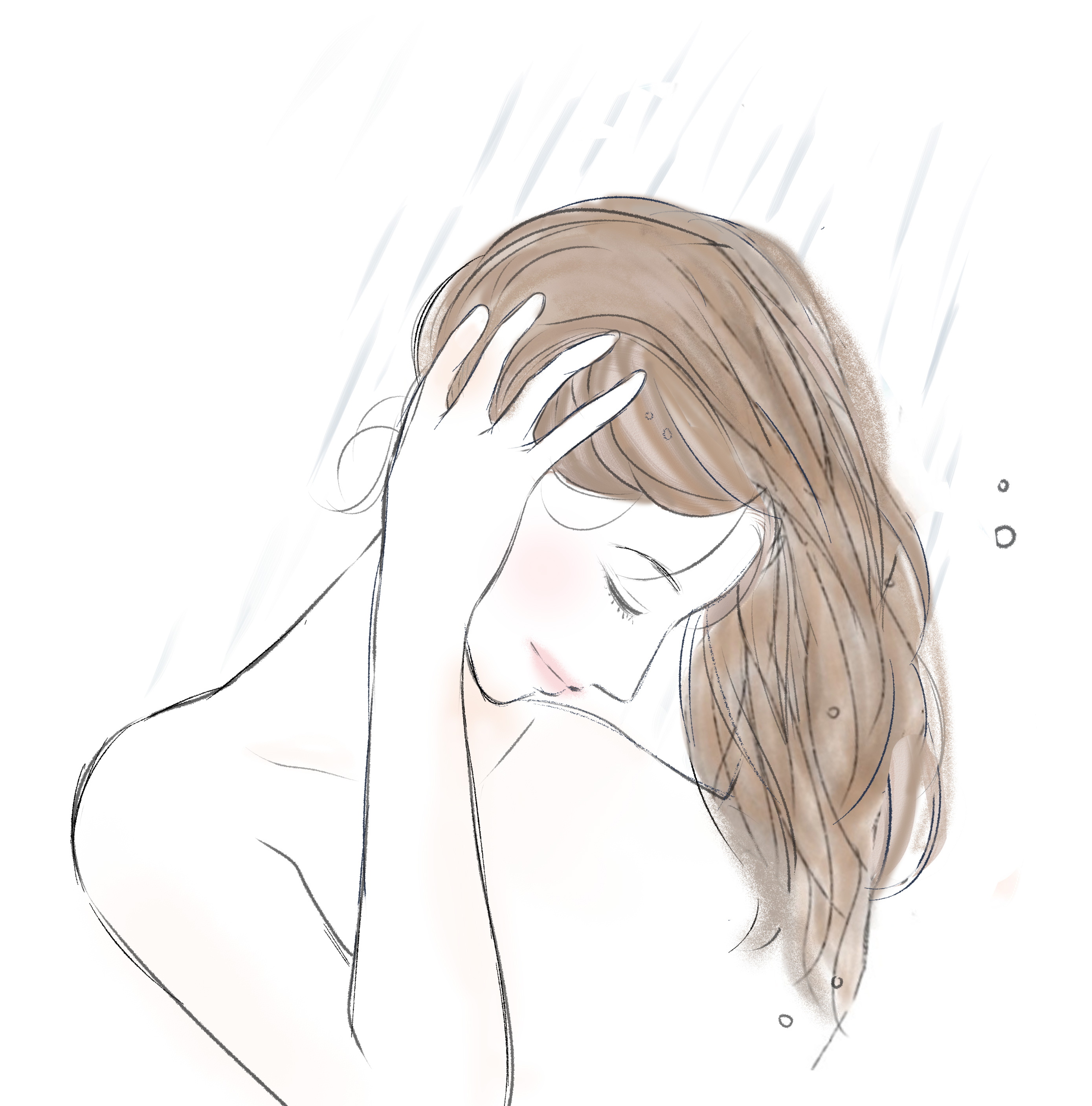 シャンプーが残らないように髪をしっかりとすすぐ女性