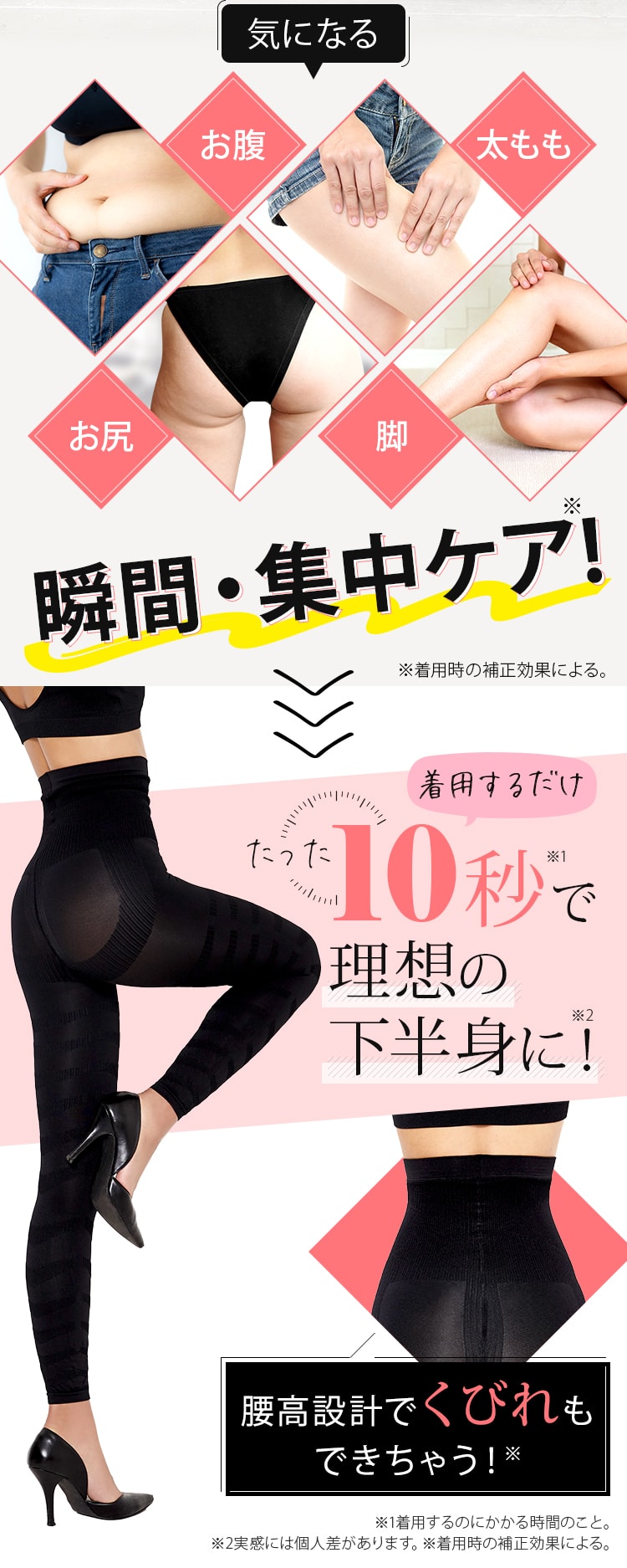 気になるお腹・太もも・お尻・脚 瞬間・集中ケア! 着用するだけたった10秒で理想の下半身に! 腰高設計でくびれもできちゃう!