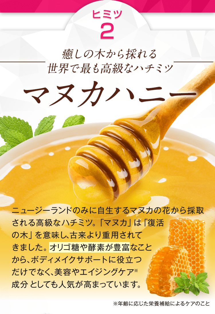 【ヒミツ2】「マカハニー」世界で最も高級なハチミツ・マカハニーは、オリゴ糖・酵素が豊富。美容やエイジングケア成分としても人気