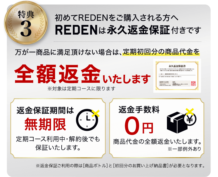 特典3初めてREDENをご購入される方へ、REDENは永久返金保証付きです。