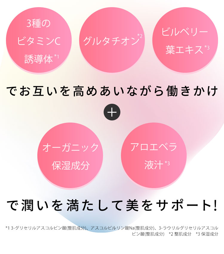 3種のビタミンC誘導体 グルタチオン ビルベリー葉エキスでお互いを高めあいながら働きかけオーガニック美容成分アロエベラ液汁で潤いを満たして美をサポート!