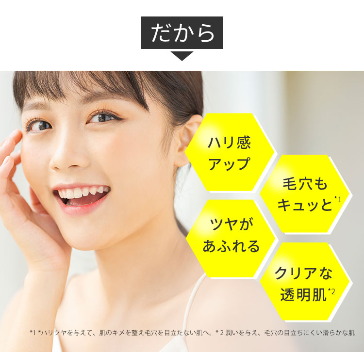 だから ハリ感アップ 毛穴もキュッと ツヤがあふれる クリアな透明肌
