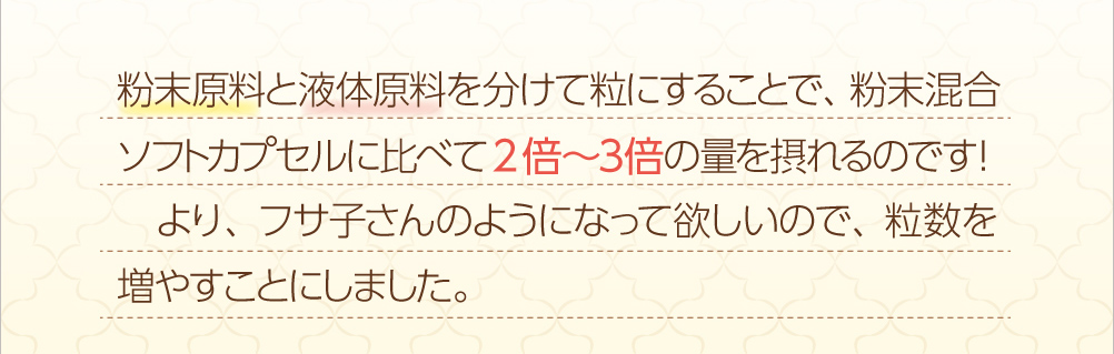 粉末原料と液体原料を分けて粒にすることで、粉末混合ソフトカプセルに比べて2倍~3倍の量を摂れるのです!より、フサ子さんのようになって欲しいので、粒数を増やすことにしました。