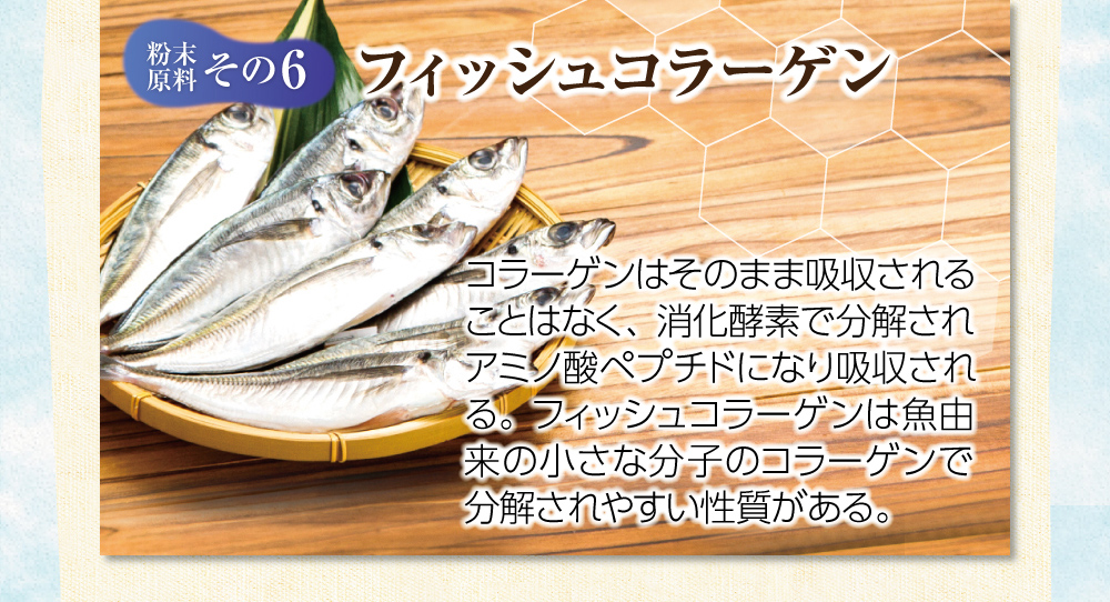 【粉末原料:その6】
フィッシュコラーゲン。コラーゲンはそのまま吸収されることはなく、消化酵素で分解されアミノ酸ペプチドになり吸収される。フィッシュコラーゲンは魚由来の小さな分子のコラーゲンで分解されやすい性質がある。