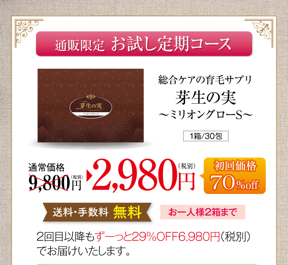 通販限定お試し定期コースのご案内です。総合ケアの育毛サプリ芽生えの実〜ミリオングローS〜、1箱30包150粒入り。通常価格税別9,800円のところ、お試し定期コース初回限定で70%オフの2,980円でお届けします。送料・手数料無料で、お一人様2箱まで。お試し定期コースを継続される場合は、2回目以降もずっと29%オフの税別6,980円でお届けいたします。