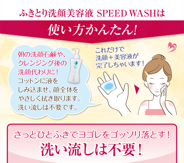 スピードウォッシュは使い方簡単!朝の洗顔石鹸やクレンジング後の洗顔代わりに。コットンに液を含ませ、顔全体を優しくふき取ります。洗い流しは不要です。