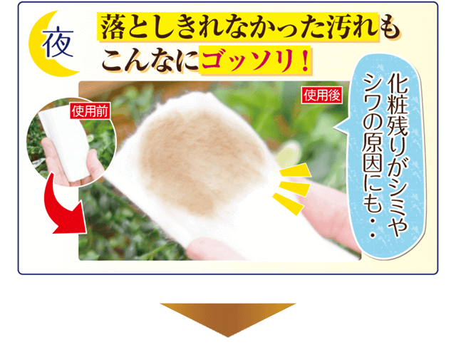 夜:落としきれなかった汚れもこんなにごっそり!化粧残りがシミやシワの原因にも!