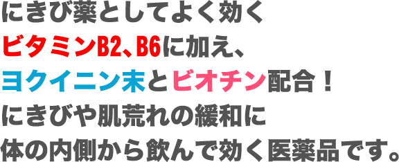 にきび薬としてよく効くビタミンB2、B6に加え、ヨクイニン末とビオチン配合!にきびや肌荒れの緩和に体の内側から飲んで効く医薬品です。