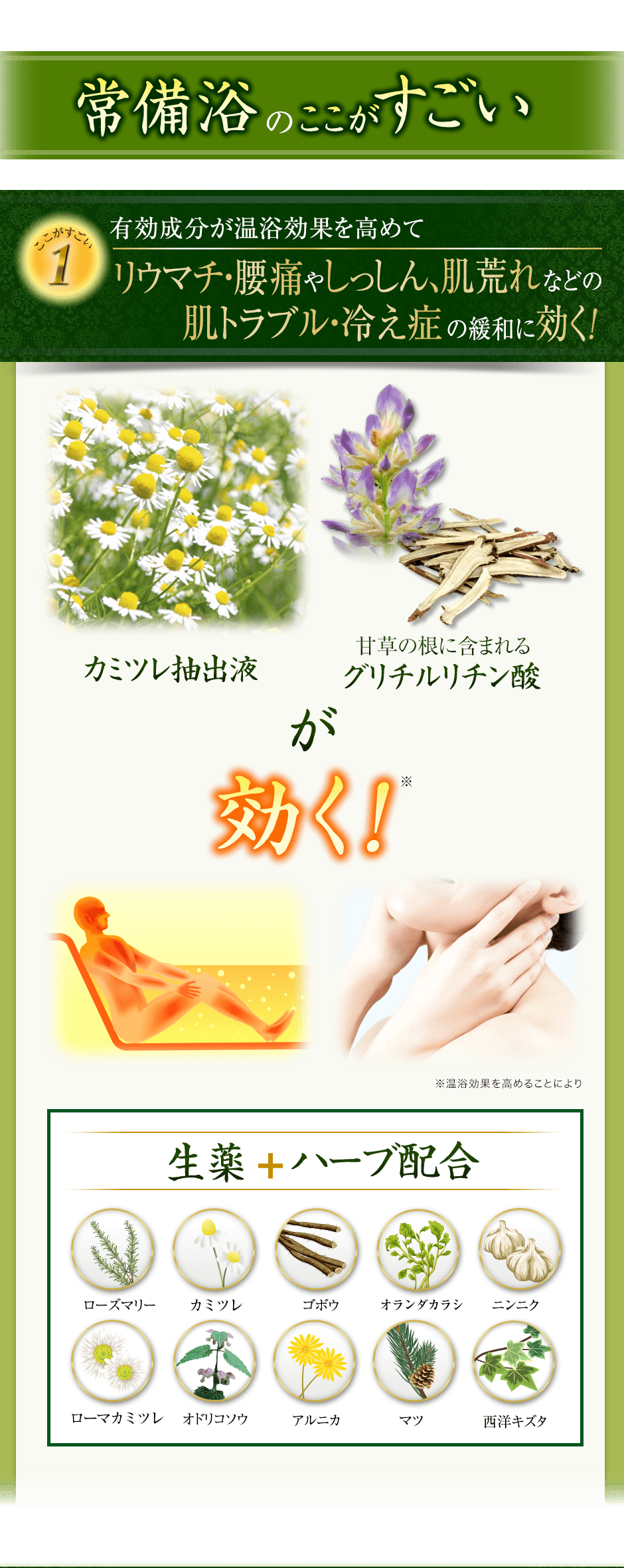 ここがすごい1 有効成分が温浴効果を高めてリウマチ・腰痛・やしっしん、肌荒れなどの肌トラブル・冷え症の緩和に効く!