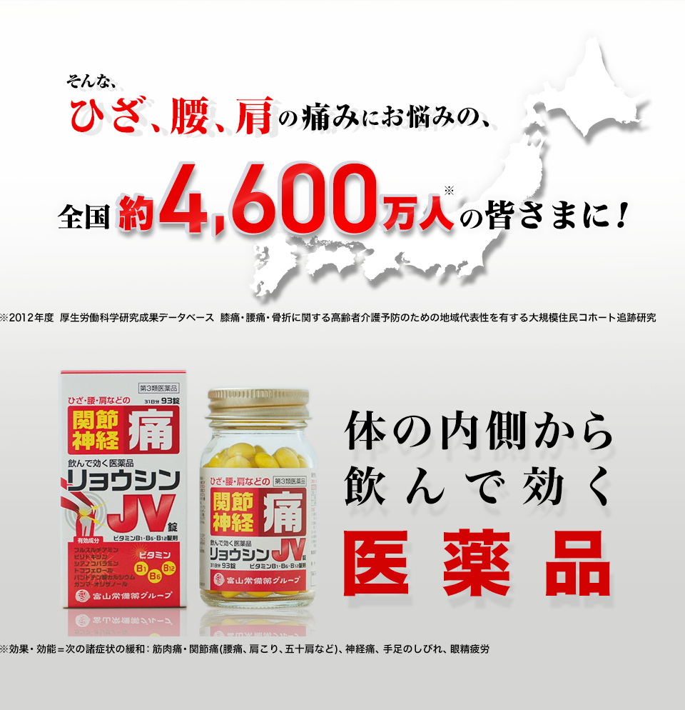 そんな、ひざ、腰、肩の痛みにお悩みの、全国3,000万人の皆さまに!体の内側から飲んで効く医薬品 ※効果・効能=次の諸症状の緩和:筋肉痛・関節痛(腰痛、肩こり、五十肩など)、神経痛、手足のしびれ、眼精疲労